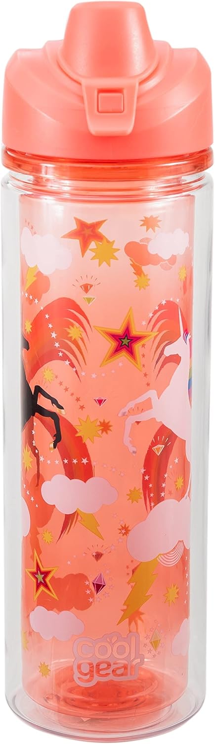 COOL GEAR Essence Chugger Water Bottle with Wide Mouth & Flip Up Design | Double-Wall Insulation and Carry Loop For Easy On-The-Go Use (2-Pack, 20 oz, Unicorn/Leaves)