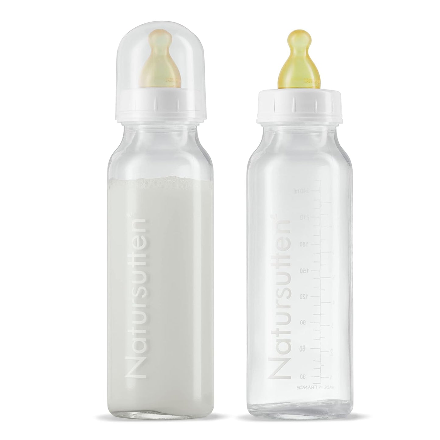 Natursutten Anti-Colic Glass Baby Bottle 2-Pack - 8 oz, 4 oz Bottles for Breastfeeding Babies - Newborn Bottles Set: Natural Rubber Slow-Flow Bottle Nipples, Seals, Valves, Baby Bottle Caps (8 Ounce)