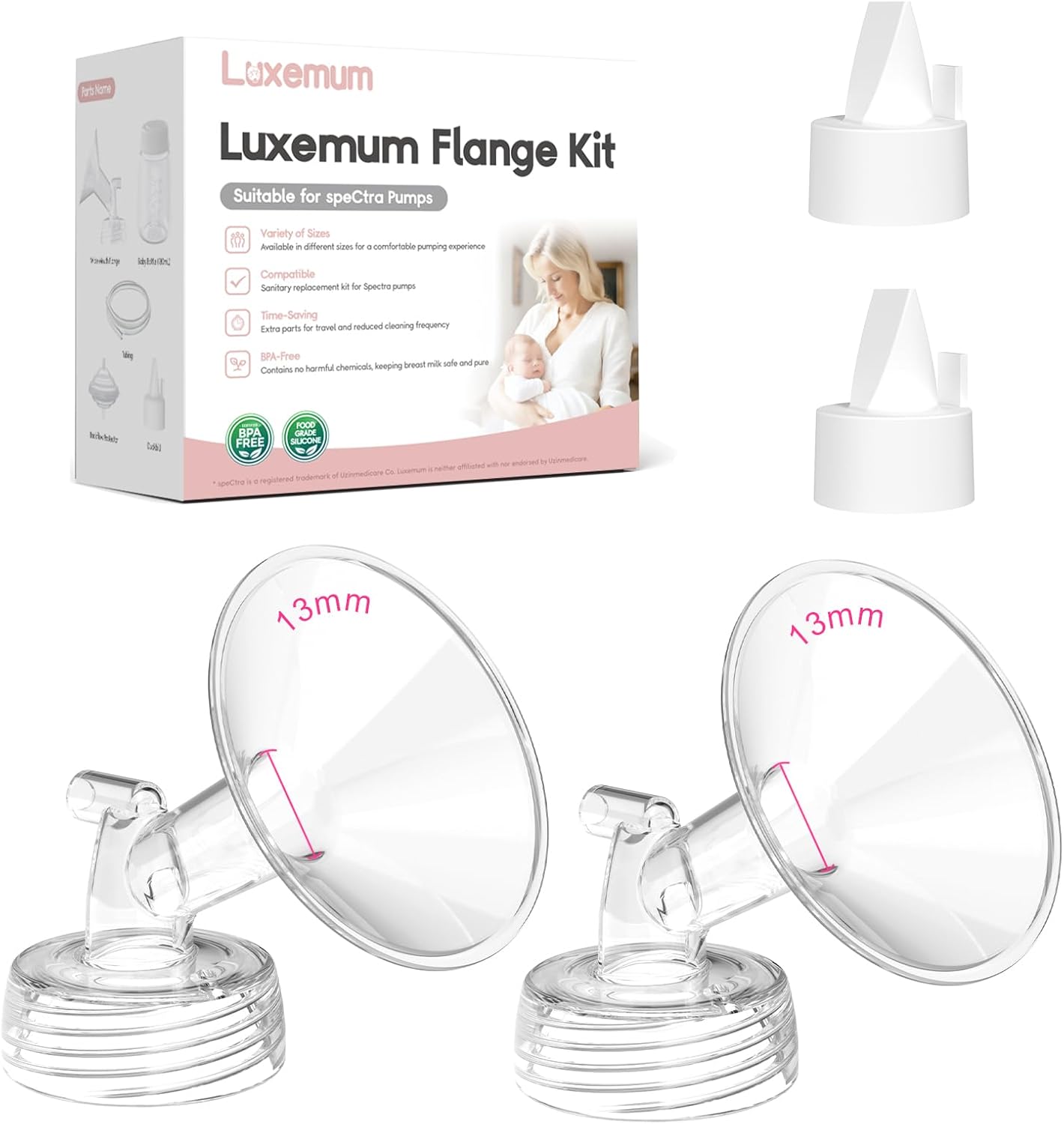 Breast Pump Parts for Spectra S1/S2/13 Plus, Not Original Accessories, Spectra Flange Inserts Replacement Include 13mm Flange&Duckbill Valve