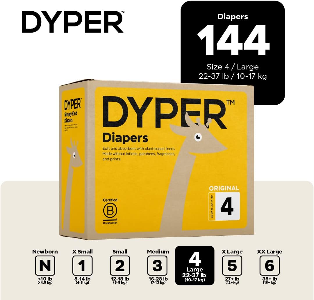 DYPER Baby Diapers Size 4 (144 Count) – Plant-Based, Hypoallergenic, Fragrance-Free & Ultra Absorbent Diapers for Day and Overnight Skin Protection, Value Pack Size 4 Diapers