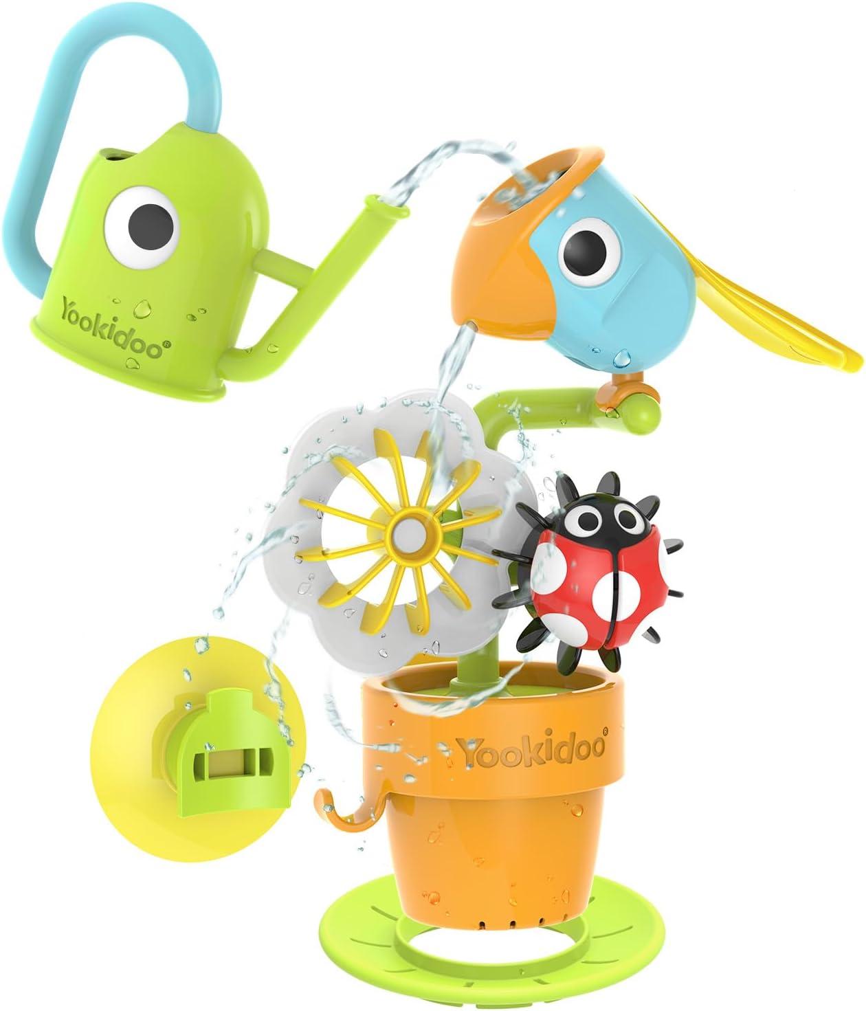 Yookidoo Watering Can Baby Bath Toy (Ages 1-3) Spinning Lady Bug & Tipping Bird Toy With 3 Moving Pieces (Mold Free) - Attaches To Tub Wall For Easy Toy Holder and Storage - For Toddler Bath Time