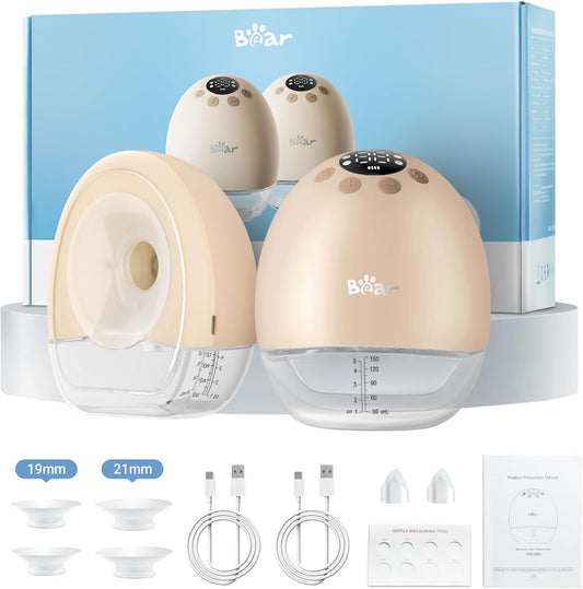 Bear Breast Pump Hands Free, Wearable Breastfeeding Pumps Strong Suction Low Noise, 4 Modes& 9 Levels Electric Breast Pump Portable, 19/21/24mm Insert Flange, 2 Packs