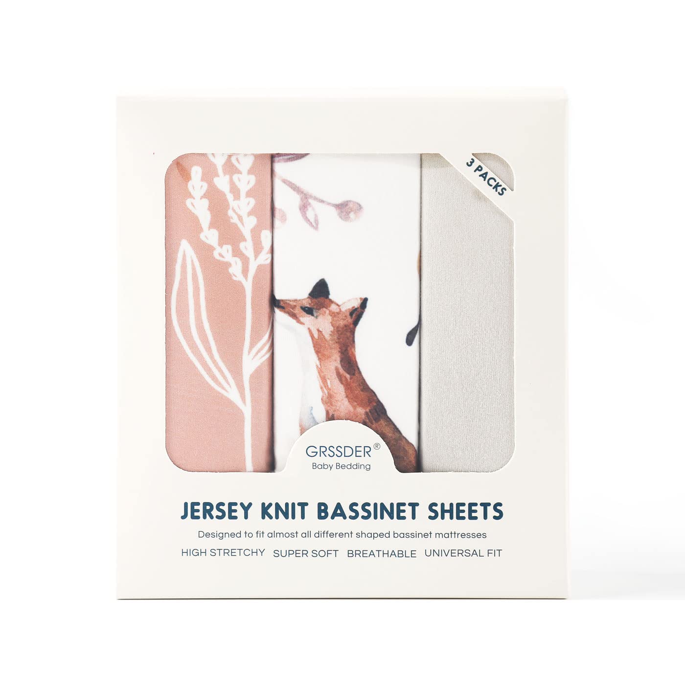 GRSSDER Stretchy Ultra Soft Fitted Bassinet Sheet Set 3 Pack, Universal Fit for Bassinets Baby Cradle Moses Basket Oval Rectangle Mattress, Pretty Fox for Baby Girls