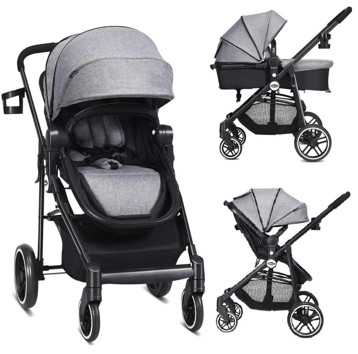 INFANS 2 in 1 Baby Stroller, High Landscape Infant Stroller & Reversible Bassinet Pram, Foldable Pushchair with Adjustable Canopy, Cup Holder, Storage Basket, Suspension Wheels (Volcanic Ash)