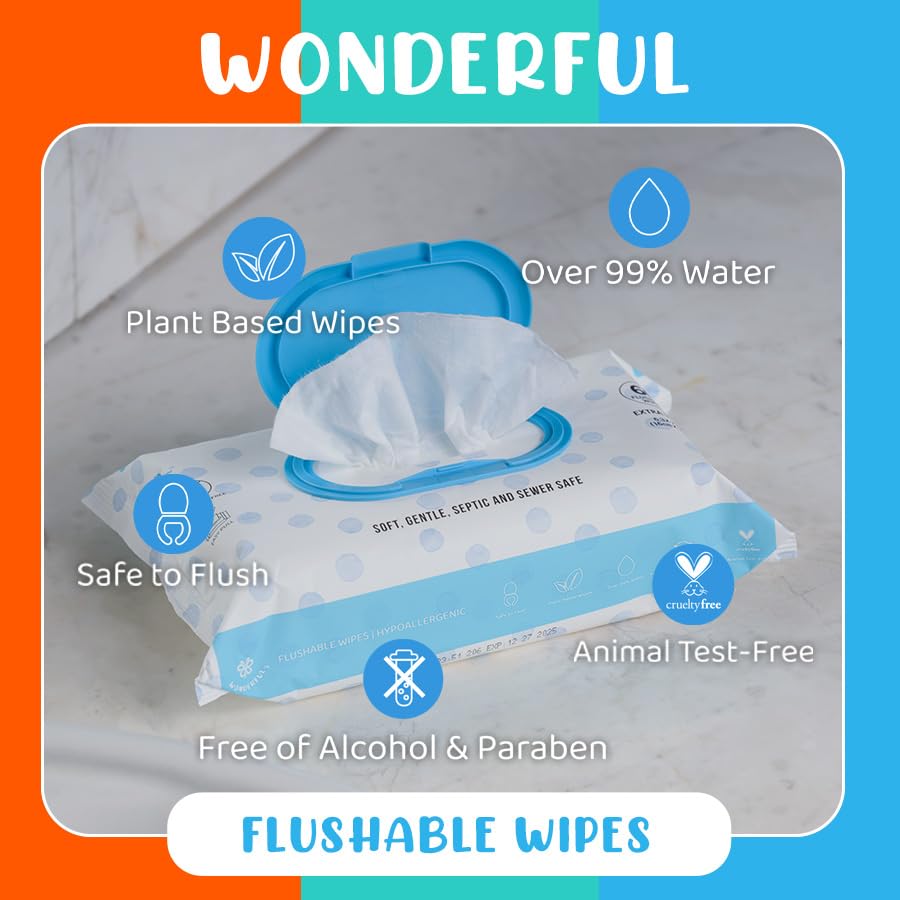 WONDERFUL Flushable Butt Wipes, Variety 100% Plant-Based Wet Wipes for Adults & Kids; Sewer, Septic Safe; Gentle for Sensitive Skin, Wipes Flushable Pack for Bathroom & Travel, 3-Pack (180 Wipes)
