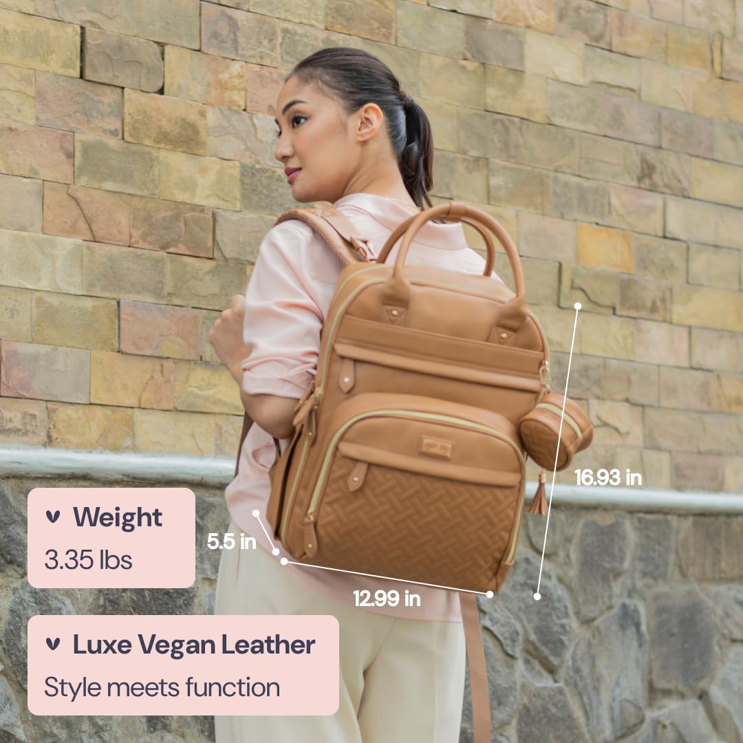 BabbleRoo Leather Diaper Bag Backpack - Baby Essentials Travel Baby Bag, Multi function, Water Resistant, with Changing Pad, Stroller Straps & Pacifier Case – Unisex, Light Brown