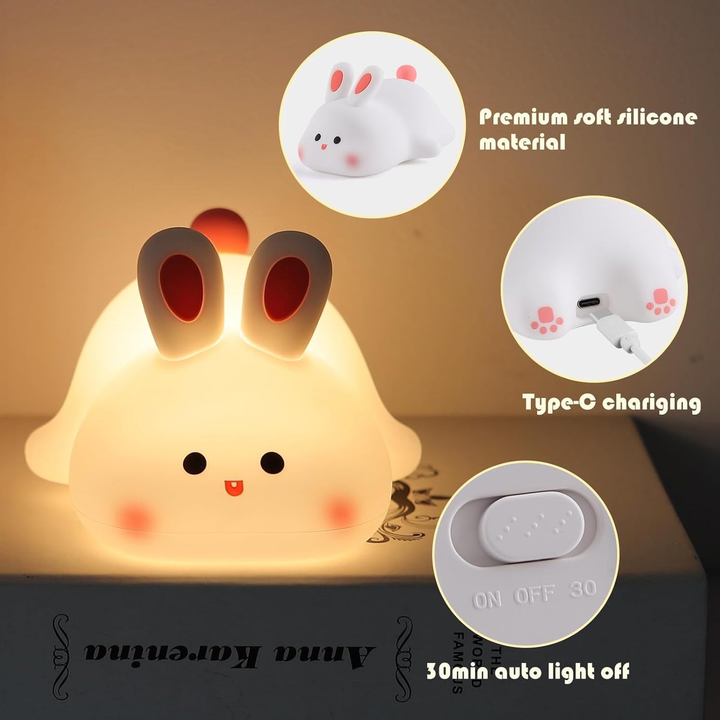 YISUN Bunny Night Light, Cute Silicone Nightlight for Baby Toddler, Rechargeable LED Nursery Lamp with Timer, 3 Level Dimmable Soft Squishy Night Lamp Gift for Bedroom Kids Room Decor