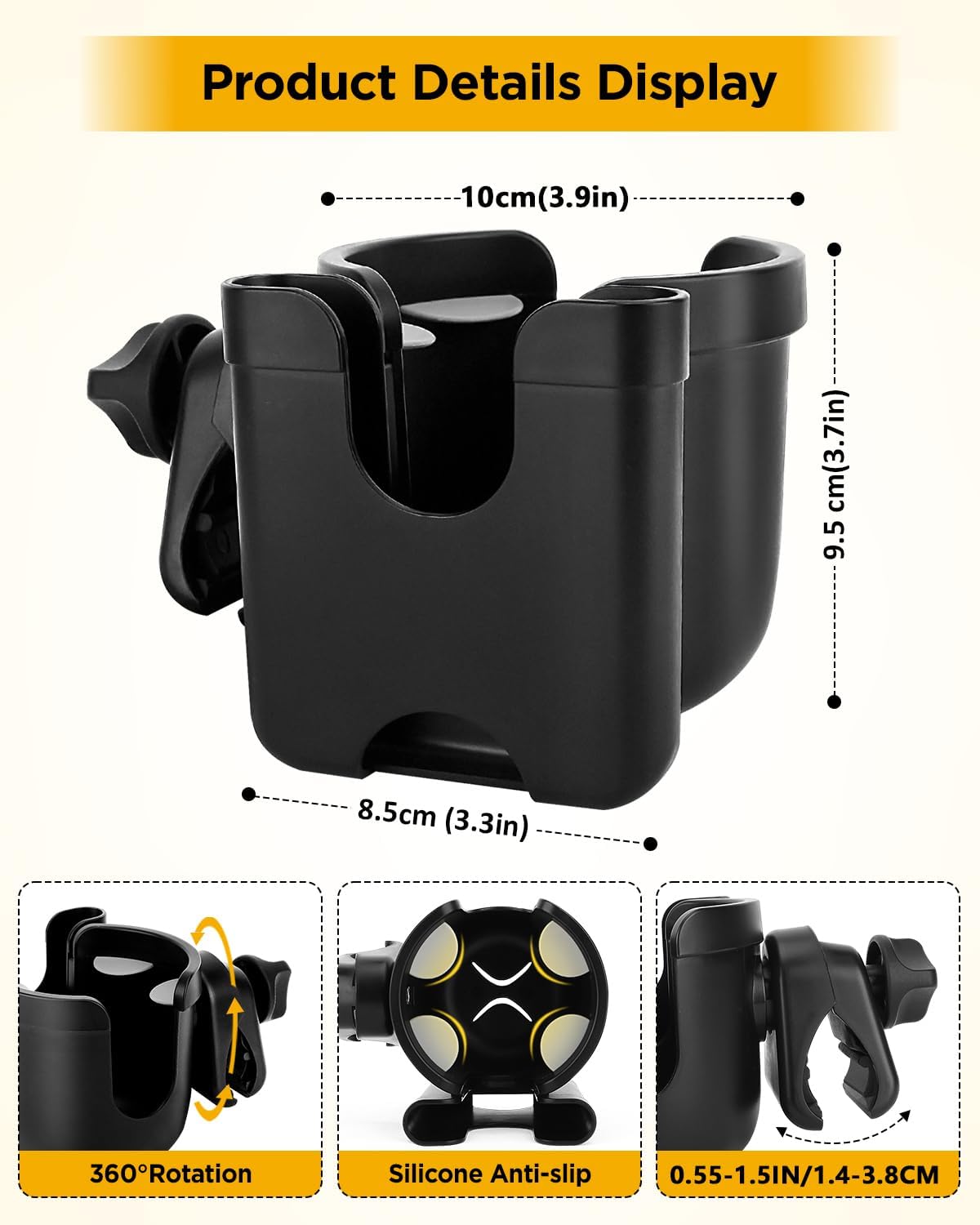 Universal Stroller Cup Holder with Mobile Phone Case, 2-in-1 Strollers Storage Rack, 360 Degrees Rotation Drink Holder for Bike, Pushchair, Wheelchair, Walker,Bicycle, Fits Most Cups