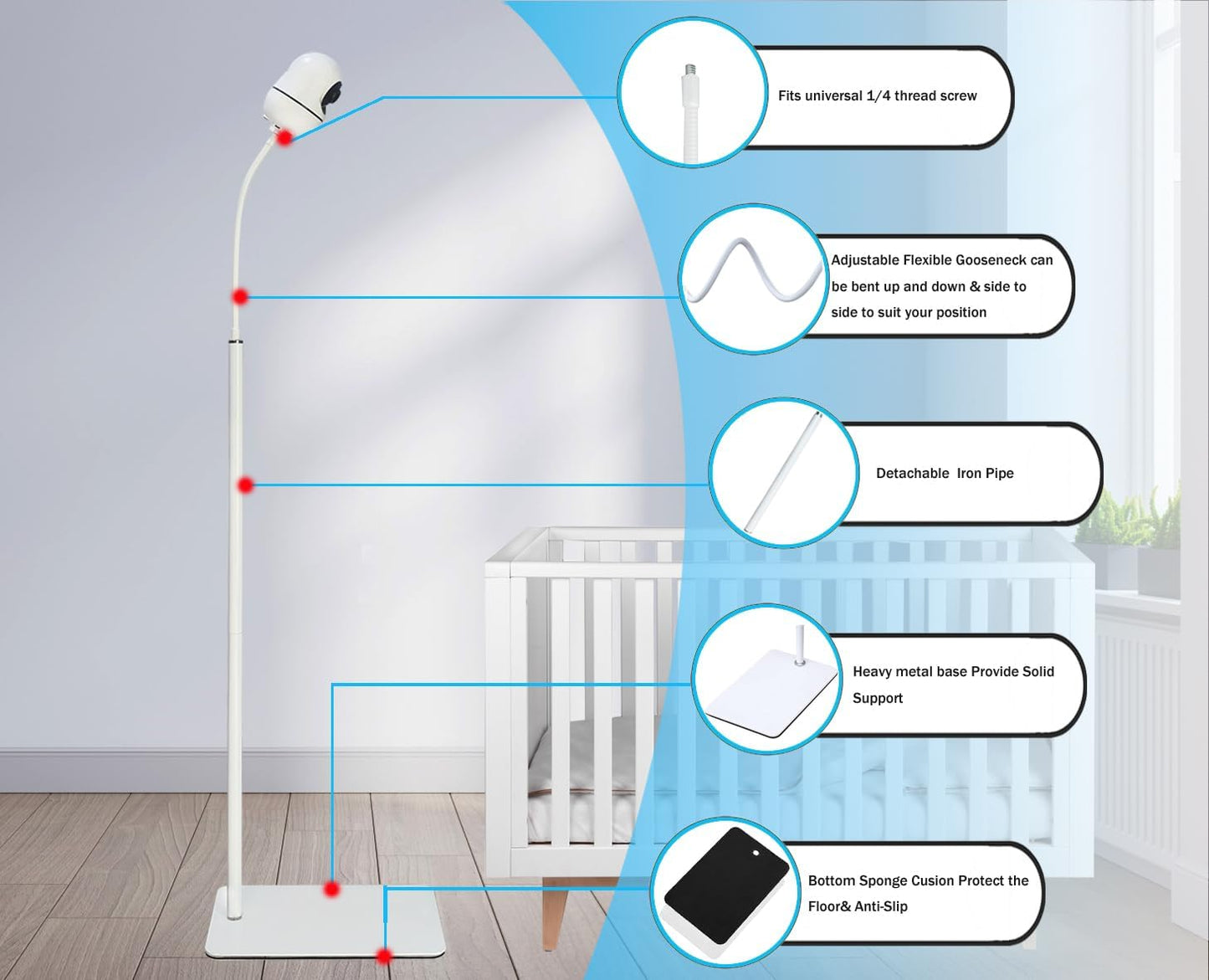 GUCHO Baby Monitor Mount Floor Stand Holder Compatible with Hellobaby HB6550/HB65/HB6339/HB40/HB6081/HB66/HB6351,Infant Optics DXR-8/8 Pro,Nanit,OKAIDI,Universal Flex Stand Baby Camera Mount
