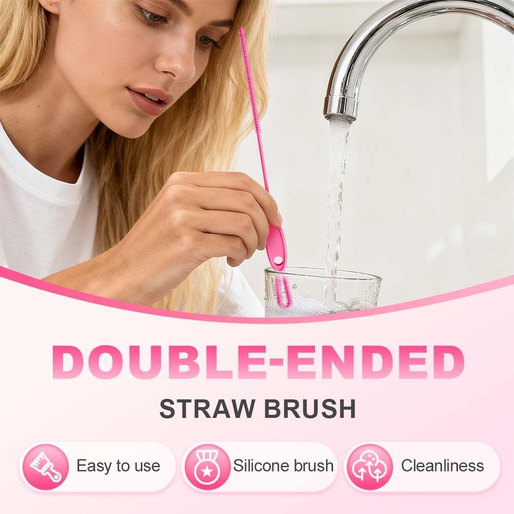 Extra Long Straw Cleaner Brush, Reusable Soft Silicone Cleaning Brush for Tumbler Lid Crevices, Glass Metal Smoothie Straws with Non Slip Handle (Pin + Yellow + Blue)