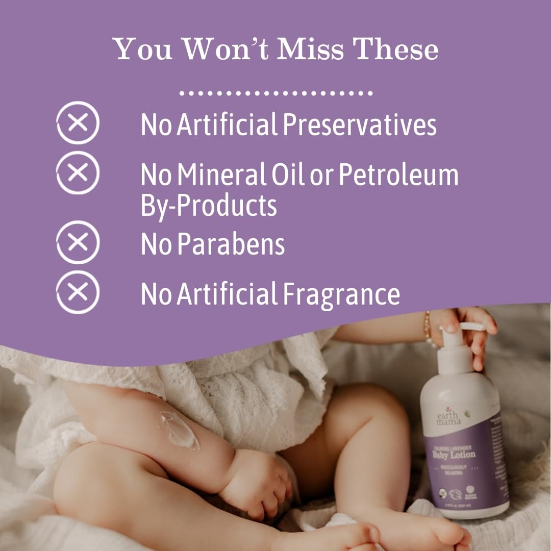 Earth Mama Calming Lavender Baby Lotion for Dry Skin, Calendula Cream for Newborn Skin Care, Organic Moisturizer for Children with Aloe Juice, Rooibos, & Shea Butter, Lavender Lotion, 8 Fl Oz