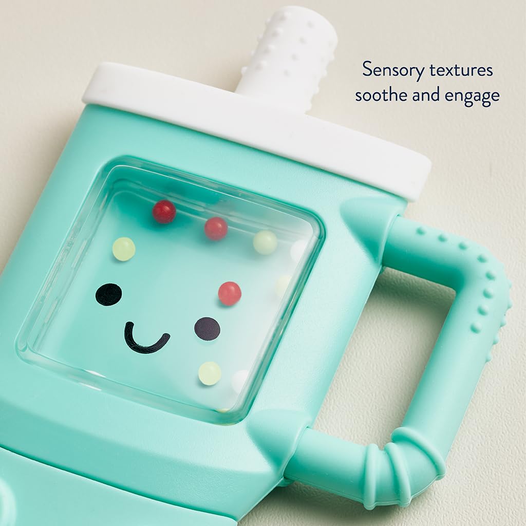 Itzy Ritzy Silicone Rattle Teether– BPA-Free Silicone Teether with Rattle for Babies & Toddlers – Features a Gentle Rattle Sound, Colorful Beads & Multiple Textures (Travel Cup)
