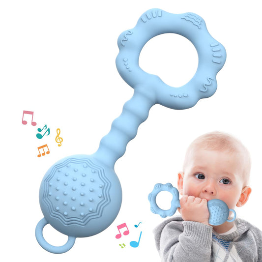 Teethers for Babies 6-12 Months, Rattles for Babies 0-6 Months, 2-in-1 Rattle and Teether Toy for Soothing Sore Gums and Keeps Little Ones Entertained, Food Grade Silicone, Blue