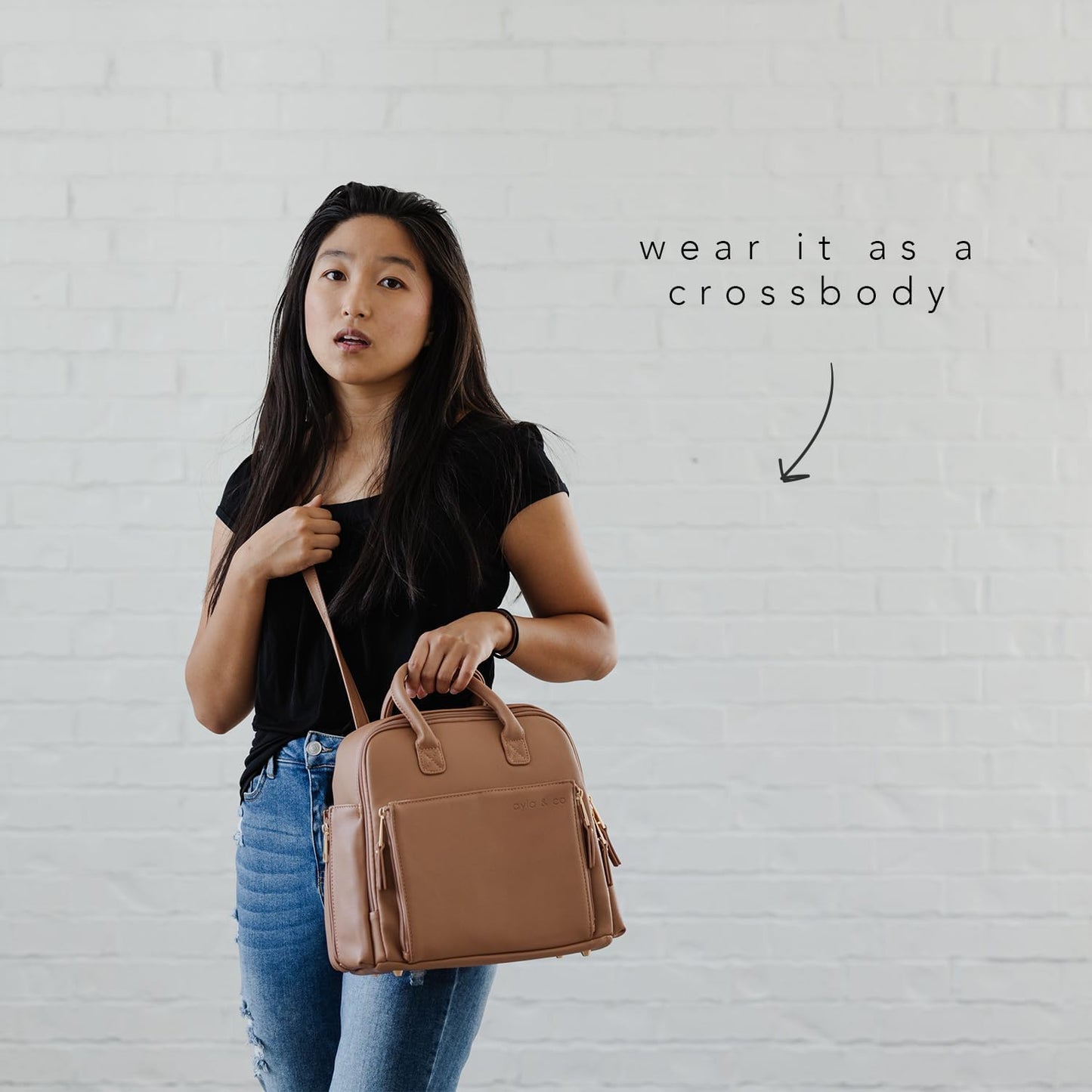 Ayla & Co Mini Bag, Transitional Minimal Diaper Bag, Vegan Leather, with Expandable Pockets, Built-In Wallet, Organizer