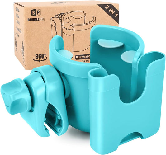 Universal Stroller Cup Holder with Mobile Phone Case, 2-in-1 Strollers Storage Rack, 360 Degrees Rotation Drink Holder for Bike, Pushchair, Wheelchair, Walker,Bicycle, Fits Most Cups (Blue)