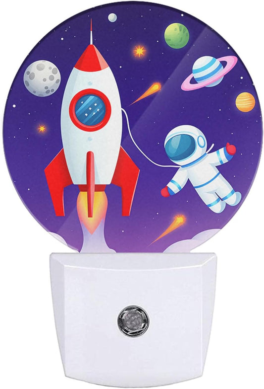 EKOBLA Astronaut and Rocket Night Lights Plug into Wall Outer Space Planets Universe Cartoon LED Dusk to Dawn Plug-in Nightlights Auto Sensor for Home Indoor Teen Boys Bedroom Bathroom