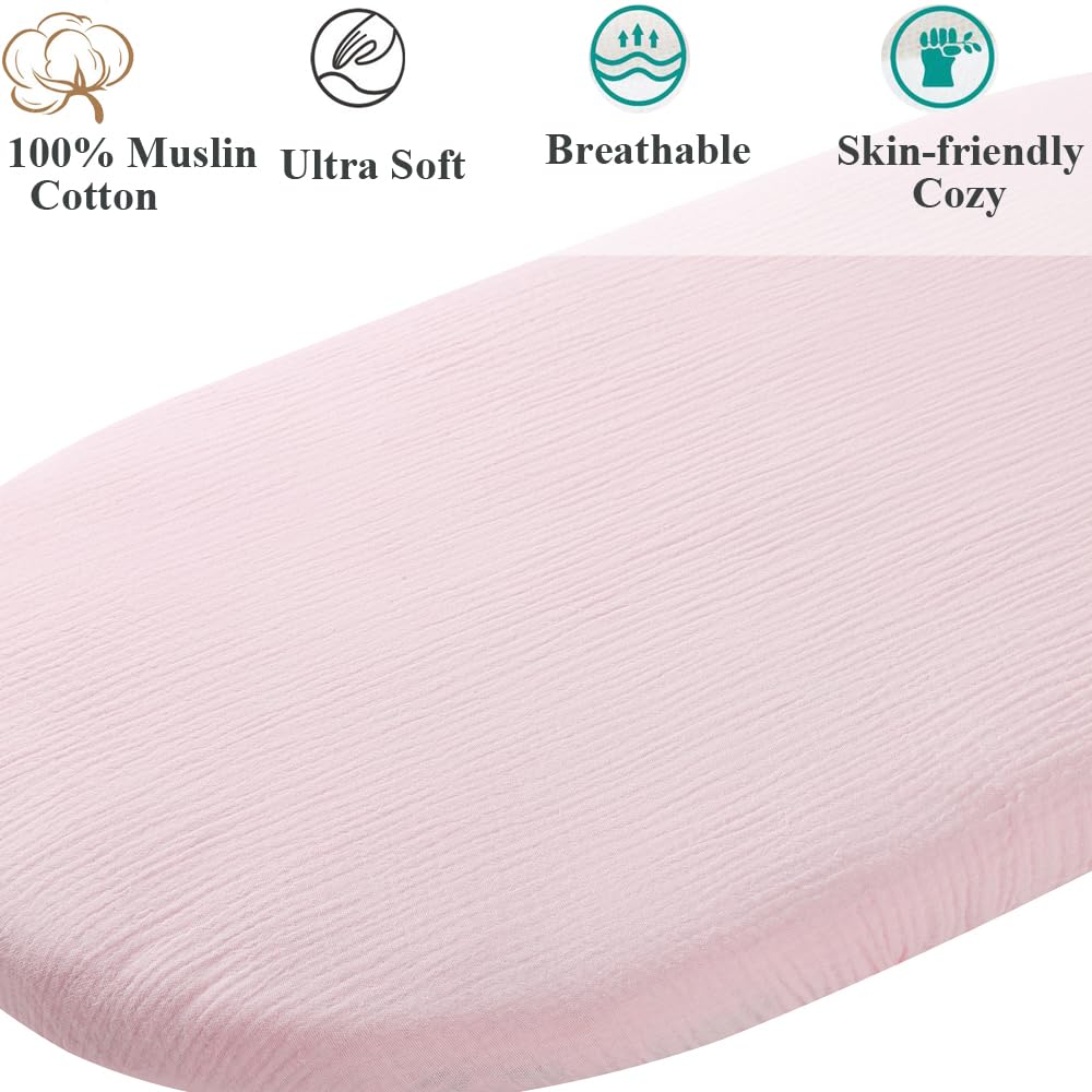 Muslin Bassinet Sheet Compatible with Halo Bassinest Swivel Flex Glide Premiere & Luxe Series Sleeper 2 Pack Cotton Stylish Boho Fitted Bassinet Sheets Super Soft for Baby White & Pink