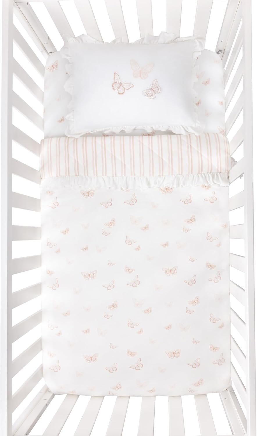 Ely's & Co. Mini Crib Bedding Set for Girls, 4 Piece Set - 1 Fitted Mini Crib Sheet, Quilted Comforter and Decorative Pillow with Insert, Pink Butterfly+Stripe Collection
