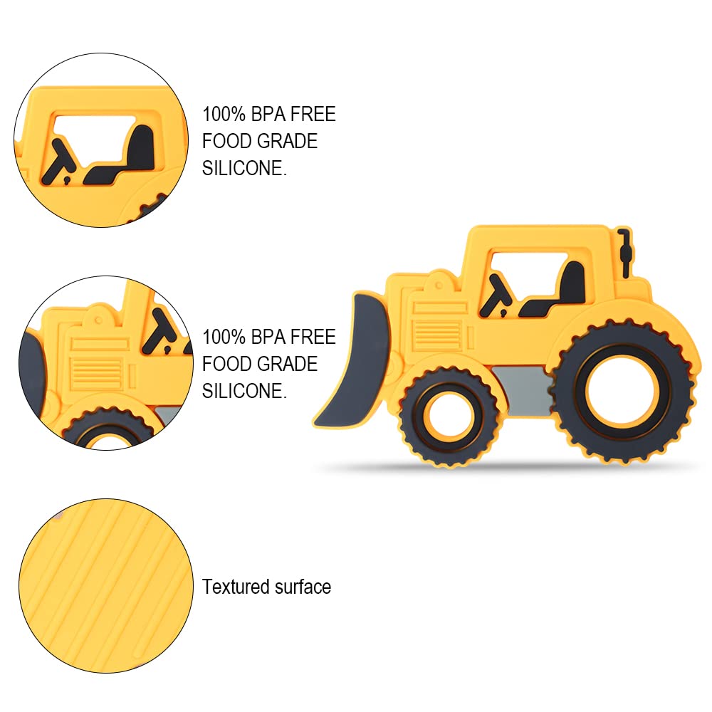 Baby Food Grade Silicone Carrier Vehicle Teether Toy with Pacifier Clip Holder,Teething Toys Gift Set for 3 Months+ Boys and Girls,Freezer Safe,BPA Free. (Bulldozer)