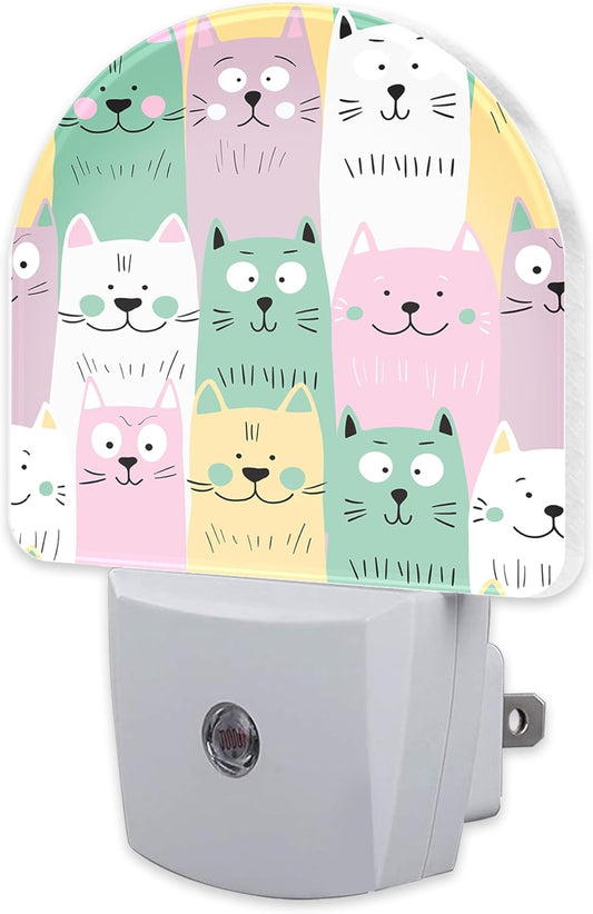 Colorful Cartoon Cats Night Light, Cute Childish Kittens Dusk to Dawn Night Light Plug in, 0.5w Energy Saving Sleep Friendly NightLight for Kids Boys Girls Home Decor