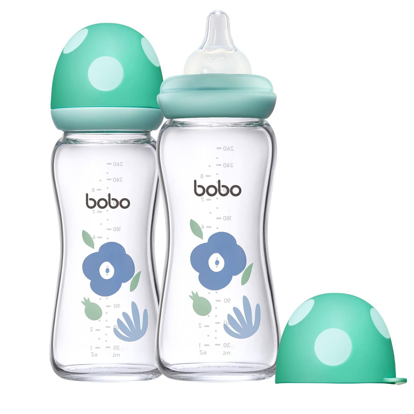 YOHKOH Natural Glass Baby Bottle with Natural Response Nipple, Newborn Anti-Colic Baby Bottles, Wide Neck Mushroom Cap Baby Bottle, Clear (Blue, (8.8oz (Pack of 2))
