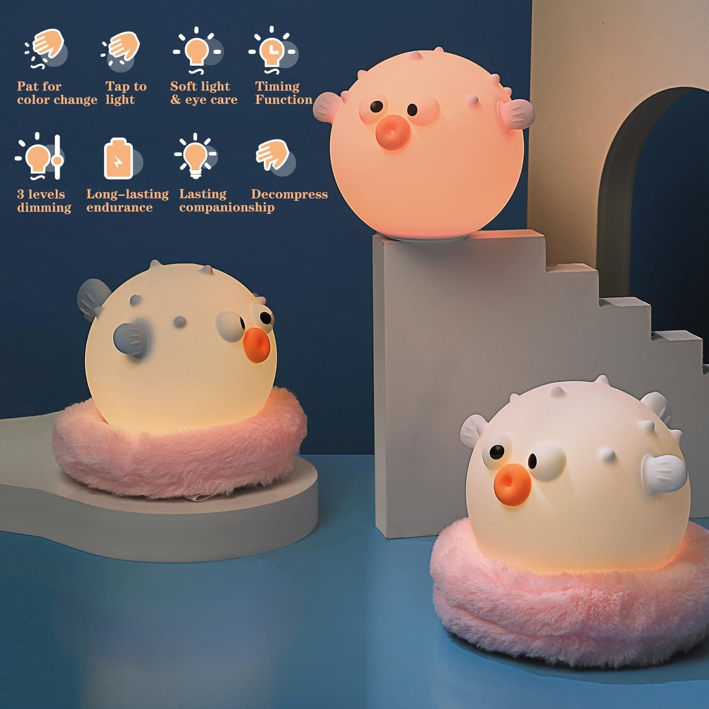 Cute Anemonefish Night Light, LED Squishy Night Lamp, Dimmable Timer Nursery Nightlight for Kids, Rechargeable Touch Lamp, Dorm Decor, Kids Funny Gifts (White Fish)