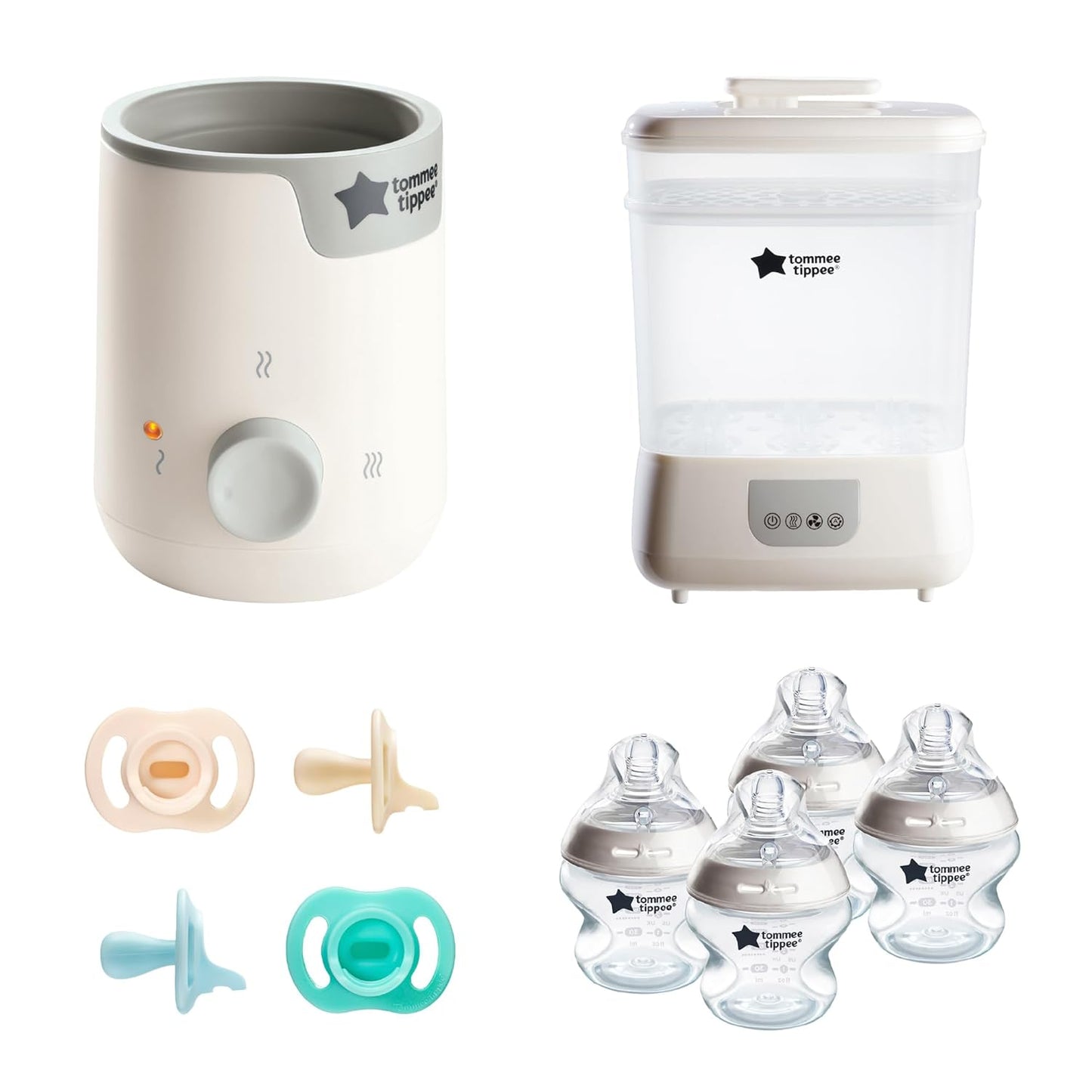 Tommee Tippee Ultimate Feeding Kit, Steridryer Electric Steam Sterilizer and Dryer, Easiwarm Baby Bottle Warmer, Ultra-Light StayPut Pacifier & 5oz Natural Start Anti Colic/Gas Baby Bottles