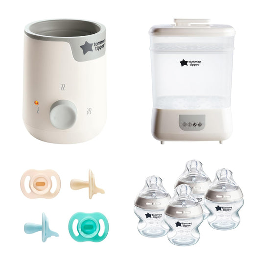 Tommee Tippee Ultimate Feeding Kit, Steridryer Electric Steam Sterilizer and Dryer, Easiwarm Baby Bottle Warmer, Ultra-Light StayPut Pacifier & 5oz Natural Start Anti Colic/Gas Baby Bottles
