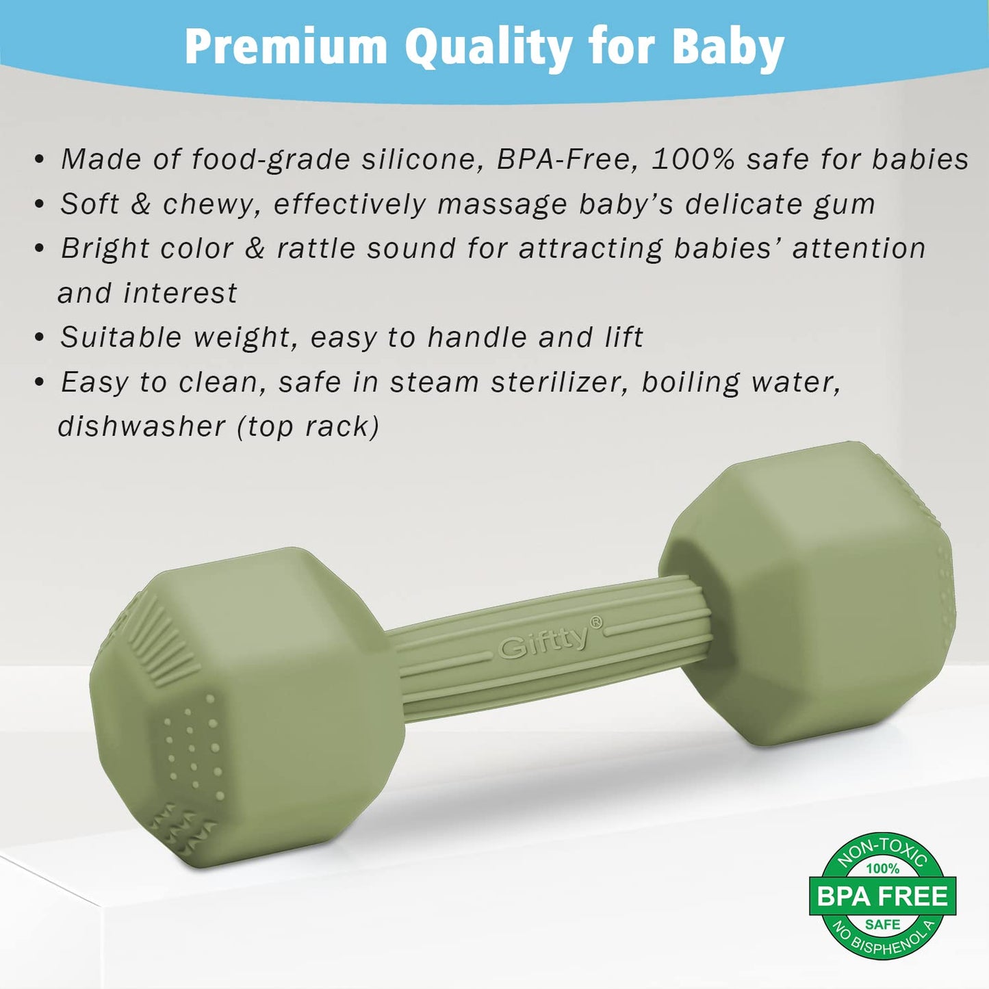 Baby Dumbbell Toy - Silicone Infant Rattle Teething Toy Teether Toddler Sensory Toy Durable Safe Exercises Workout Weight - Great Gift for Girls and Boys (1pcs - Green)