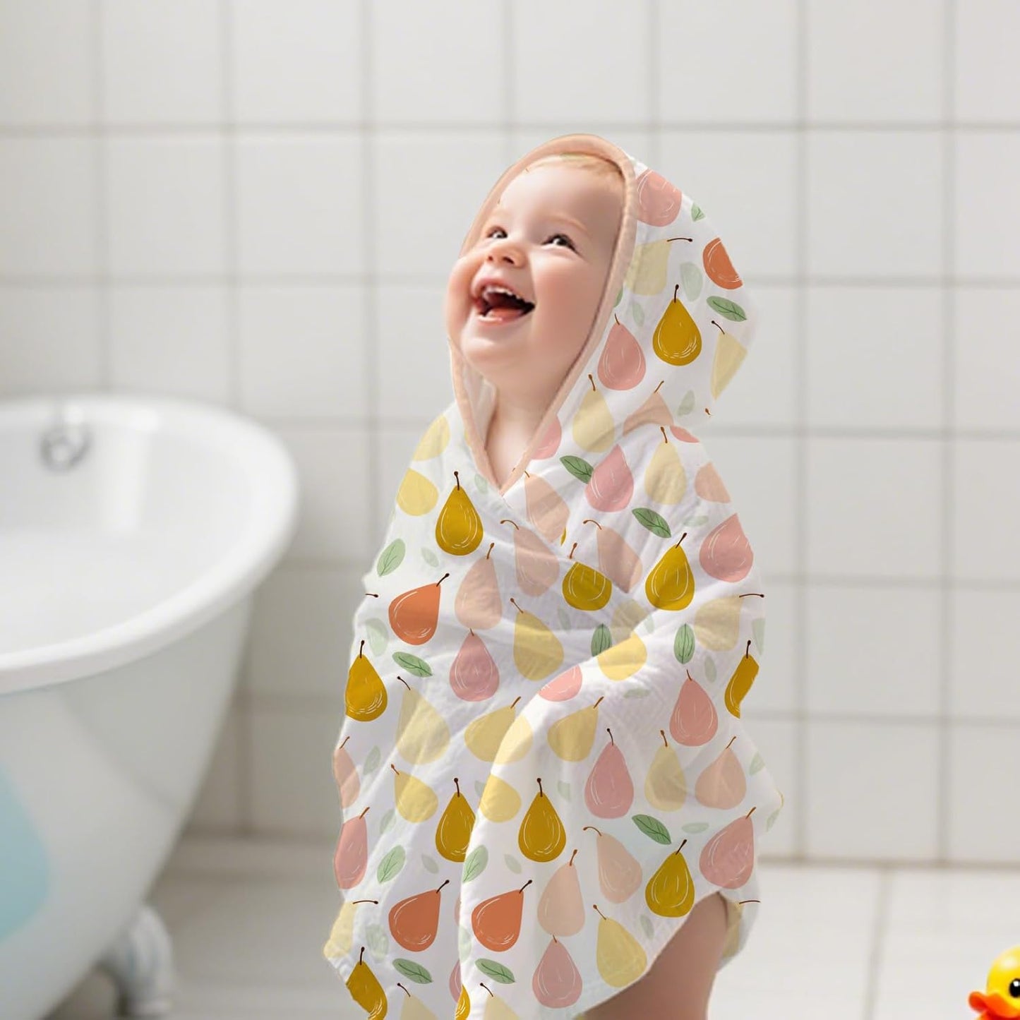 Muslin Hooded Baby Towels,2 Pack Baby Bath Towels,Large 31.5x31.5Inch,Hooded Towels for Baby and Infant,Soft&Absorbent(Strawberries and Pears)