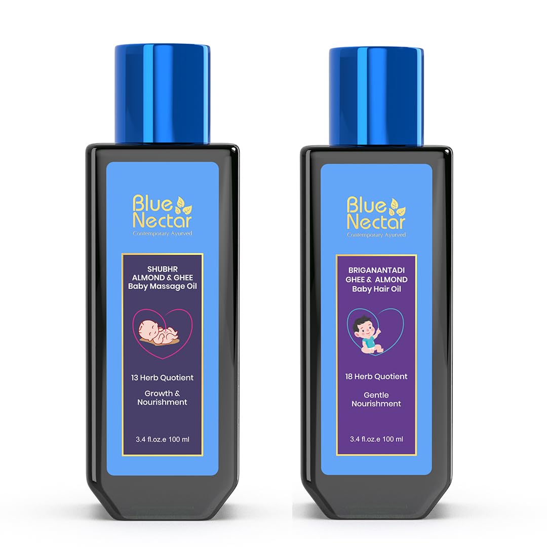 Blue Nectar Ayurveda Gentle Baby Oil for Newborn Skin Care -Moisturizing Baby Massage Oil(3.38 Fl Oz) Along with Baby Hair Oil with Organic Ghee, Almond Oil, Coconut Oil (3.38 Fl Oz)