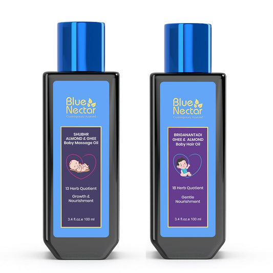 Blue Nectar Ayurveda Gentle Baby Oil for Newborn Skin Care -Moisturizing Baby Massage Oil(3.38 Fl Oz) Along with Baby Hair Oil with Organic Ghee, Almond Oil, Coconut Oil (3.38 Fl Oz)