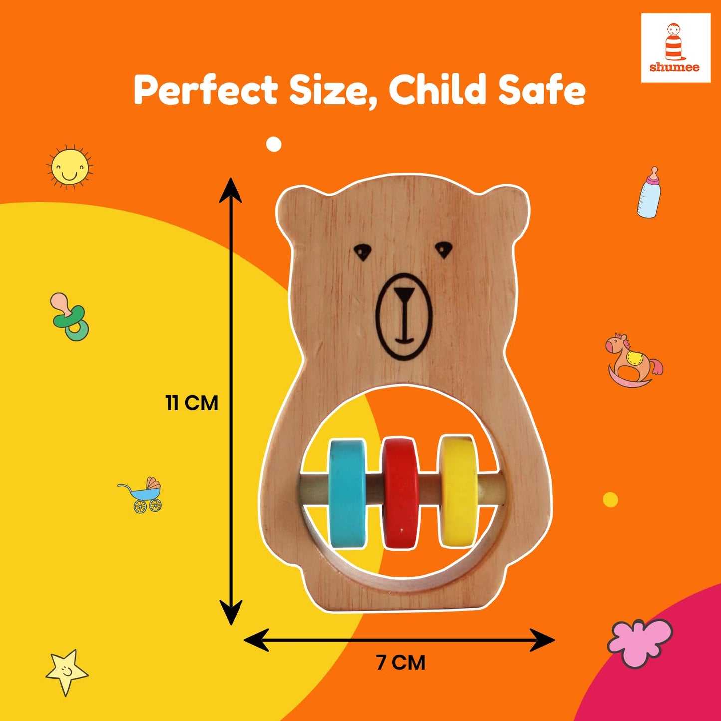 Shumee Wooden Baby Bear Rattle & Teether Wooden Montessori Toy For Babies (0-6 Months), Lightweight & Safe Enhances Grasping Wooden Rattle For Baby. Smooth Edges Sustainable Certified 100% Child Safe.