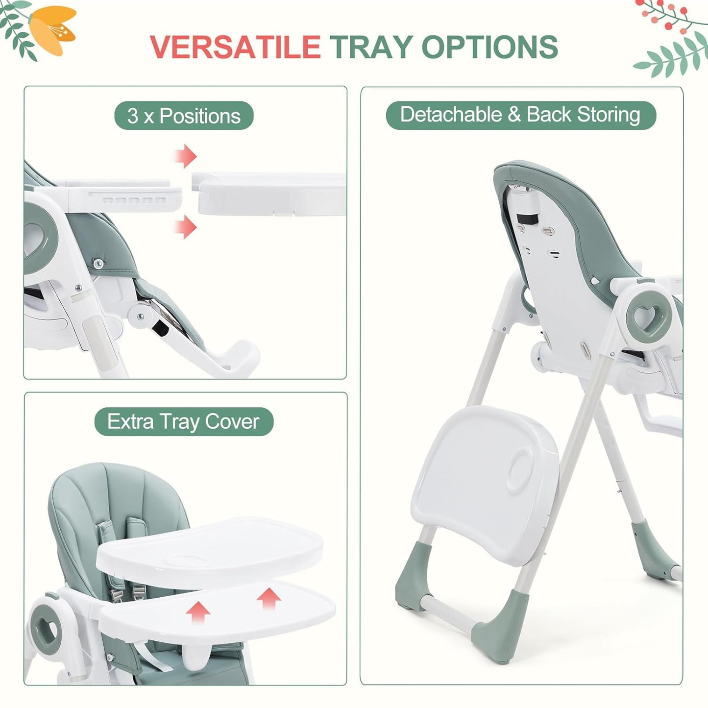Foldable High Chairs for Babies and Toddlers, Adjustable Infant Baby Chair with Removable Tray and Non-Slip Foot Pads, Highchair for Children Aged 6 to 36 Months, Green