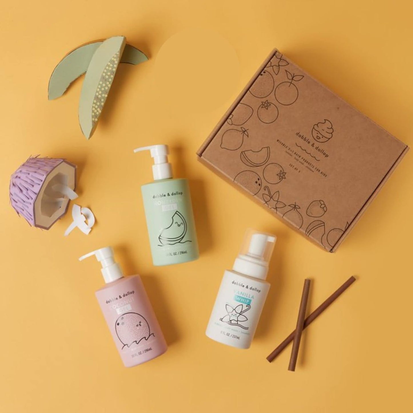 Dabble & Dollop Beachy Bundle, Natural Bubble Bath, Body Wash, Shampoo for Kids, Paraben & Sulfate Free, Vegan, Gluten-Free, Tear-Free, Honeydew Melon, Vanilla & Coconut (Set of 3)