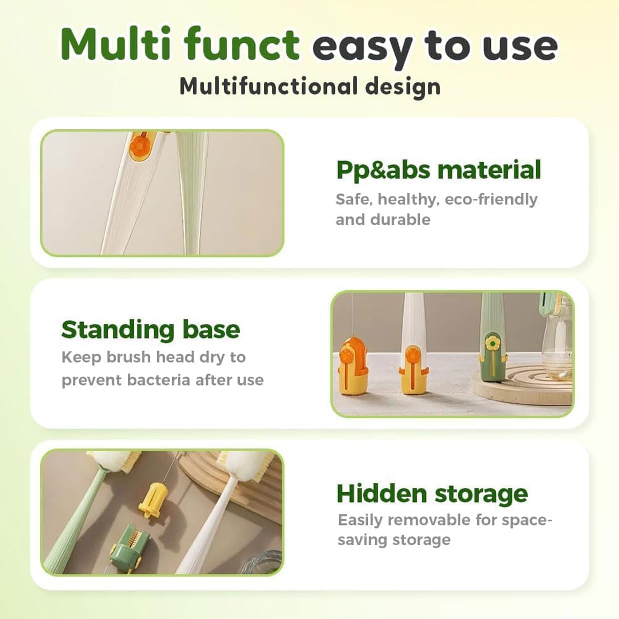 5-in-1 Bottle Cleaning Brush Set, 2026 New Multifunctional Baby Bottle Brush with Long Handle, Gap Cleaner & Scrubber for Water Bottle Lid, Straw, Travel Mugs and Home Kitchen Use (Green)