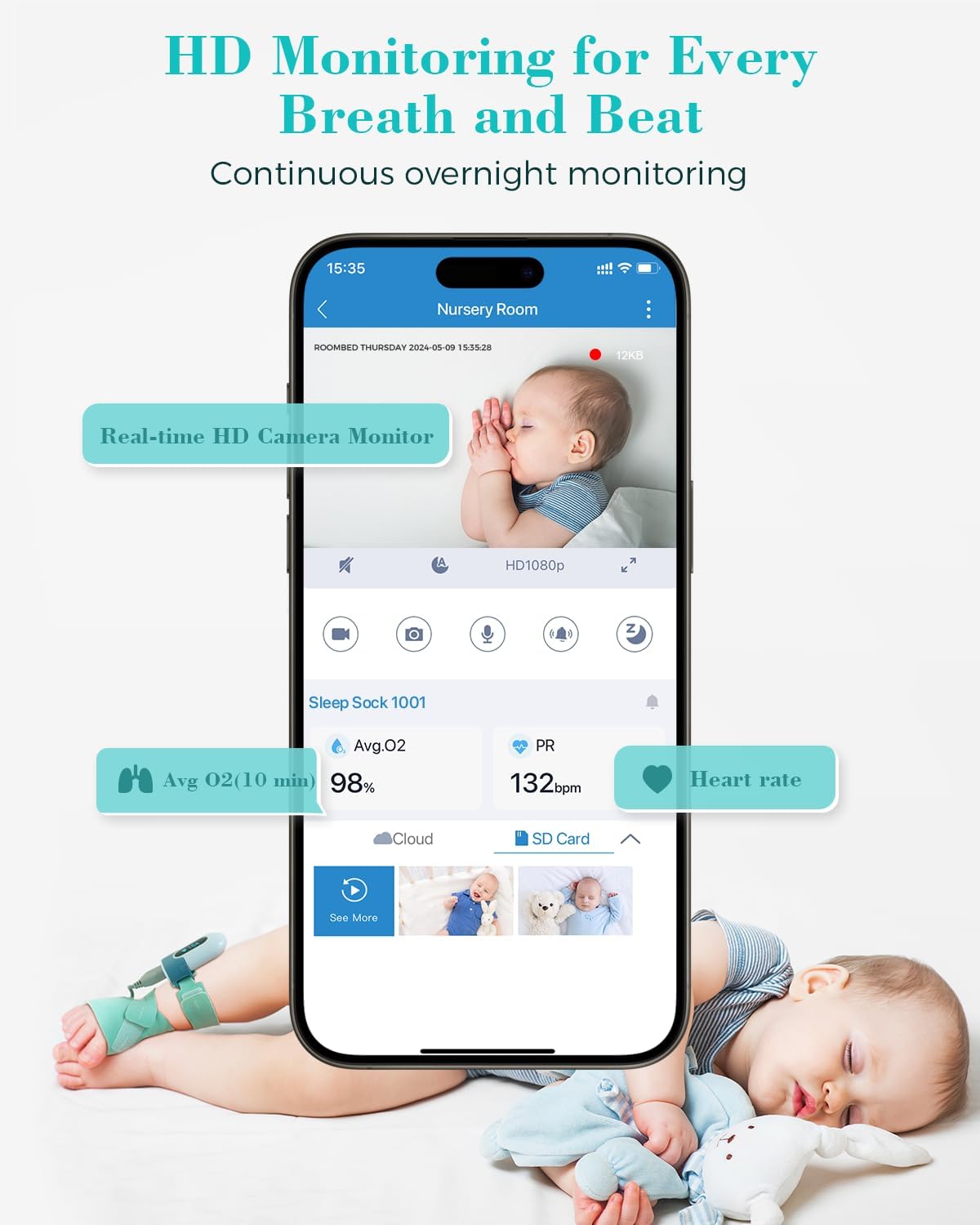 Babytone Baby Monitor - Smart Sleep Sock & 2.5K HD Camera, Track Heart Rate and Movement, Cry/Motion Detect, Two-Way Audio and Night Vision Baby Monitor with APP