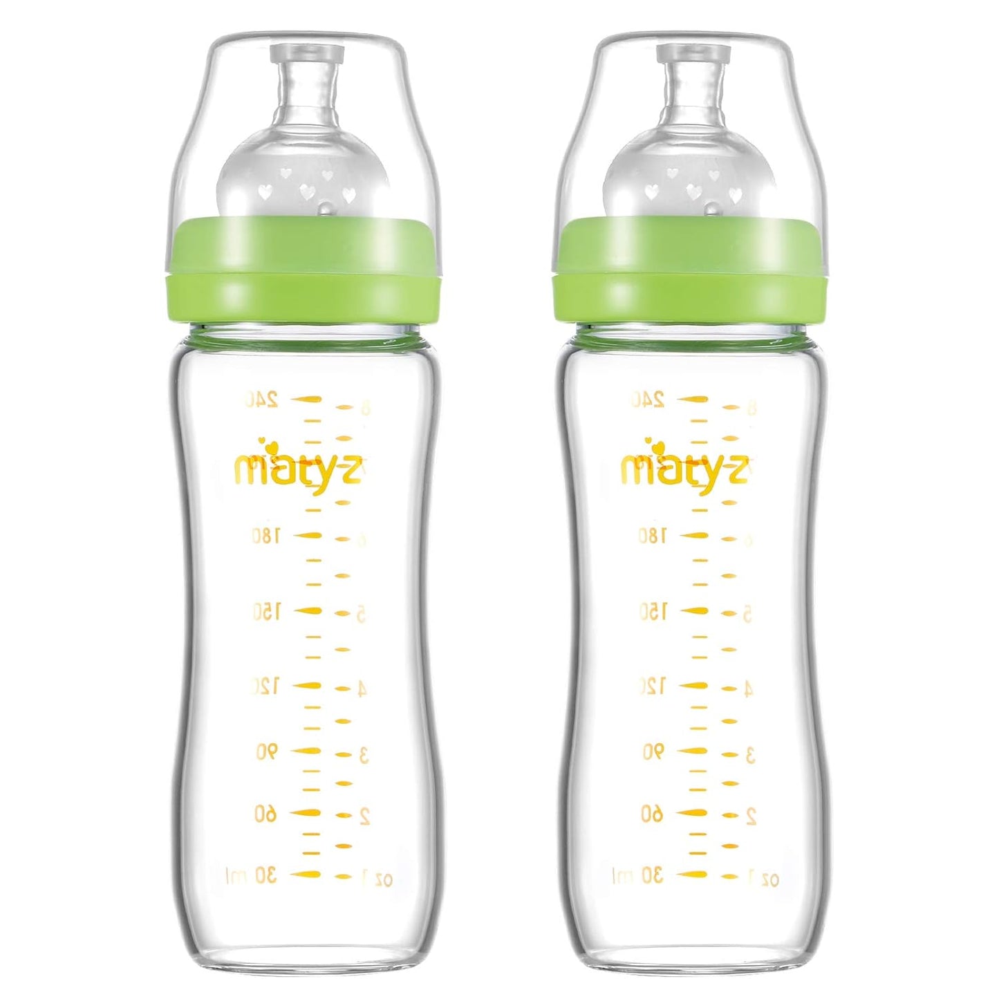 Matyz Glass Breastmilk Baby Feeding Bottle with Nipple, 2 Pack, 8 oz Slim and Light Bottle Easy to Hold, Food Grade Borosilicate Glass, Wide Neck Easy to Clean, No BPA (Green Lids)