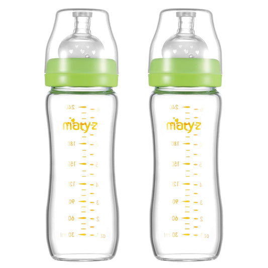Matyz Glass Breastmilk Baby Feeding Bottle with Nipple, 2 Pack, 8 oz Slim and Light Bottle Easy to Hold, Food Grade Borosilicate Glass, Wide Neck Easy to Clean, No BPA (Green Lids)