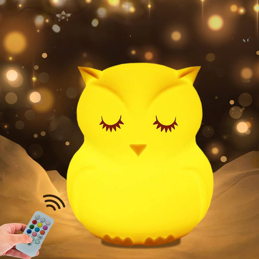 WHA&DARREN Large Owl Night Light for Kids,Cute Baby Night Light, Silicone Bedside Lamp, Sleep Lights, Eye Caring, Adjustable Brightness & Color, Time Setting, Touch+Remote Control