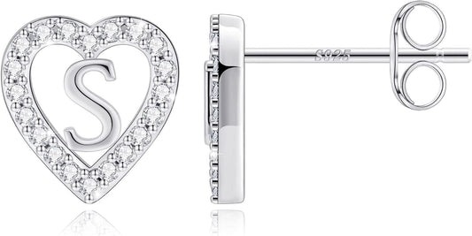 Anoup Christmas Gifts for Grandkids Girls Earrings - S925 Sterling Silver Post CZ Hypoallergenic Stud Heart Initial Earrings for Women Kids Jewelry Stocking Stuffers for Teen Girls Birthday Gifts