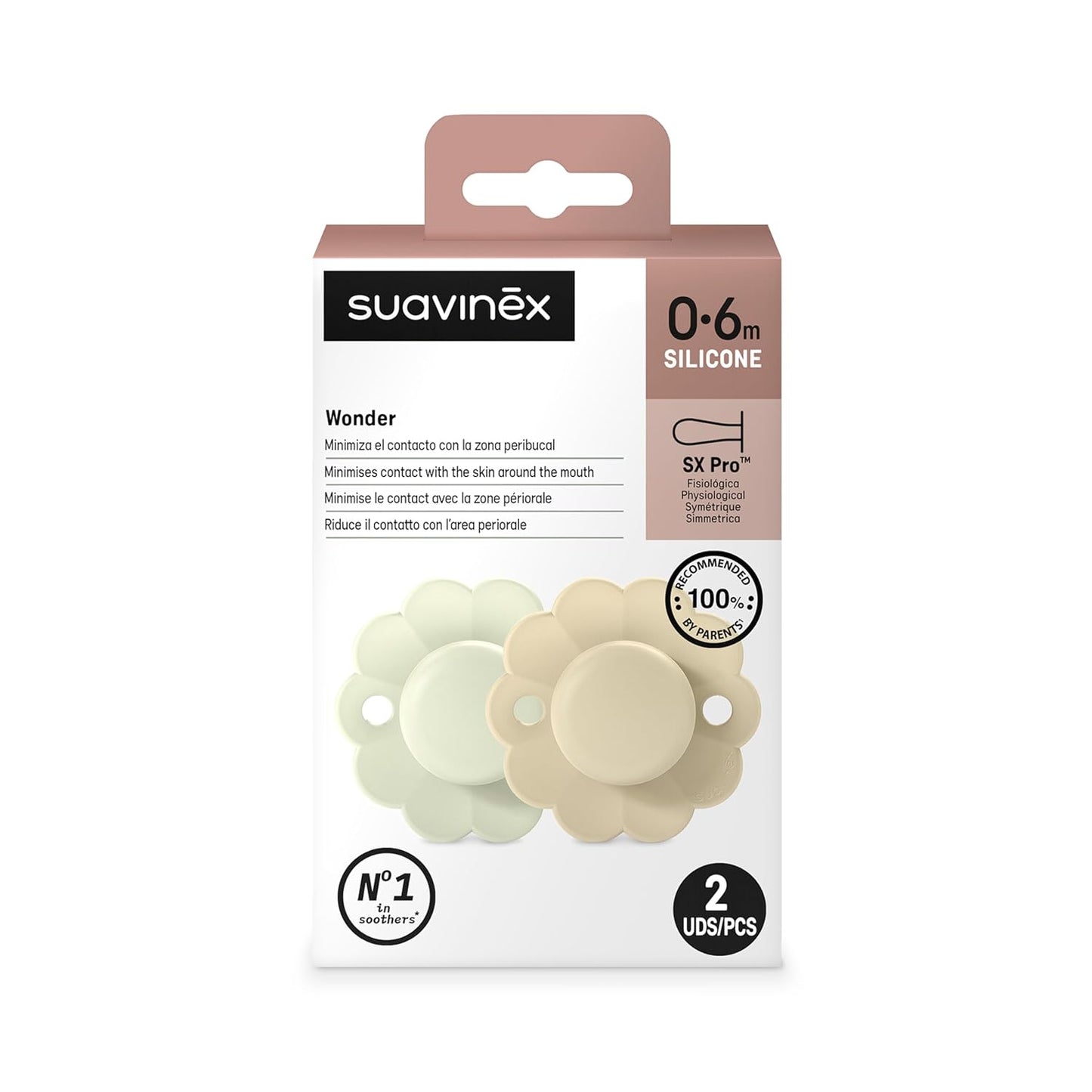 Suavinex Wonder Baby Pacifier, SX Pro Silicone Nipple, Reversible, Non Irritating Shield Design, 2 Pk Pacifiers 0-6 Months, Made in Europe, Aqua/Gray