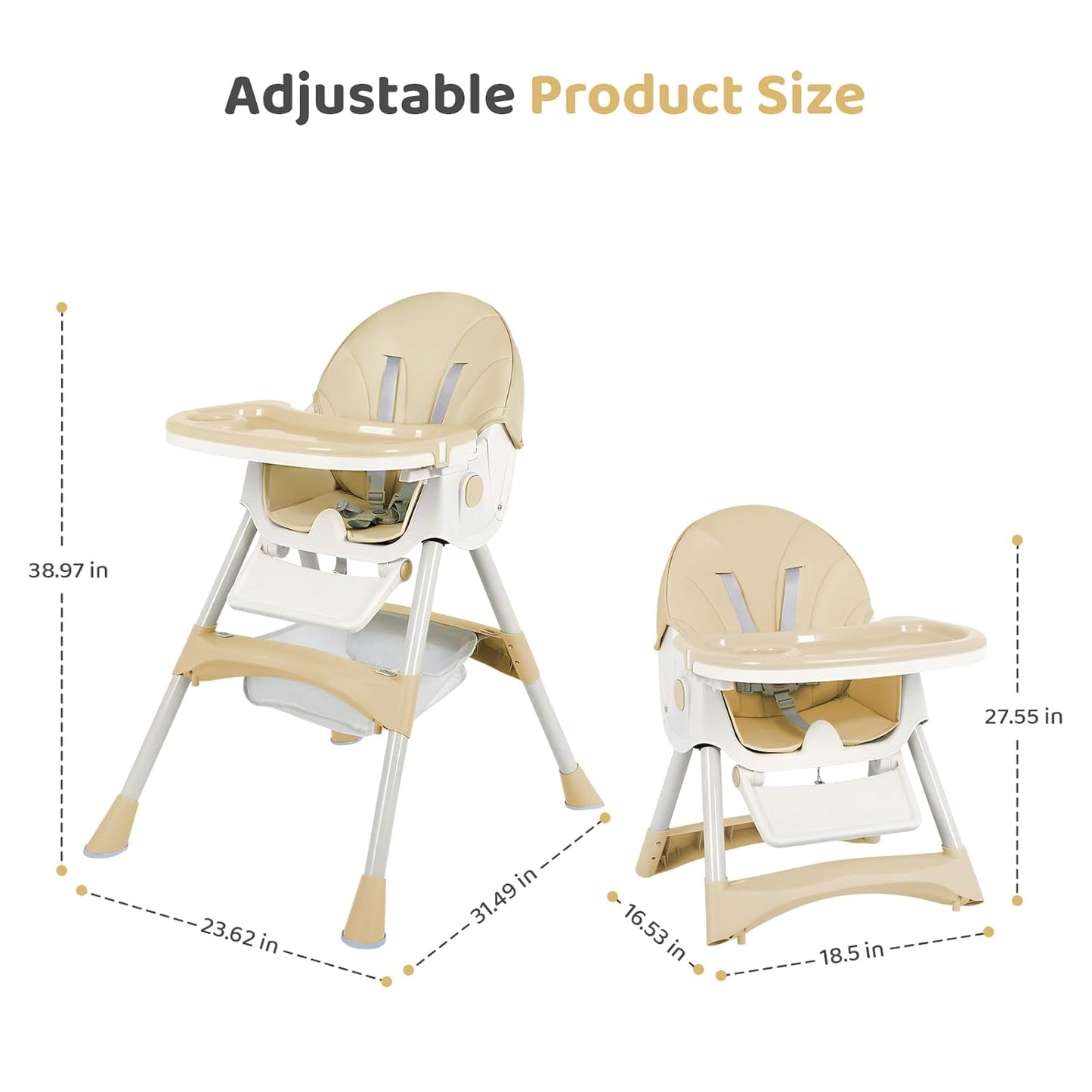 6-in-1 Foldable Baby High Chair for Babies & Toddlers – Adjustable Height & Recline, 5-Point Safety Harness, Removable Tray | Portable Highchair, Space-Saving & Easy Clean | Silla de Comer para Bebé
