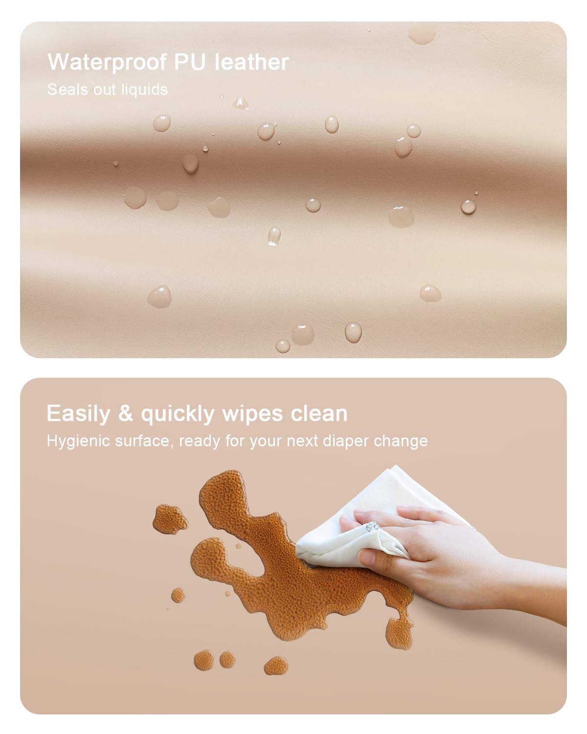 Wipeable Baby Changing Pad for Dresser and Table, Cozy Diaper Changing Pad with Waterproof & Wipe-Clean Leather Cover, Standard Size (31.5" L x 15.8" W), Light Brown