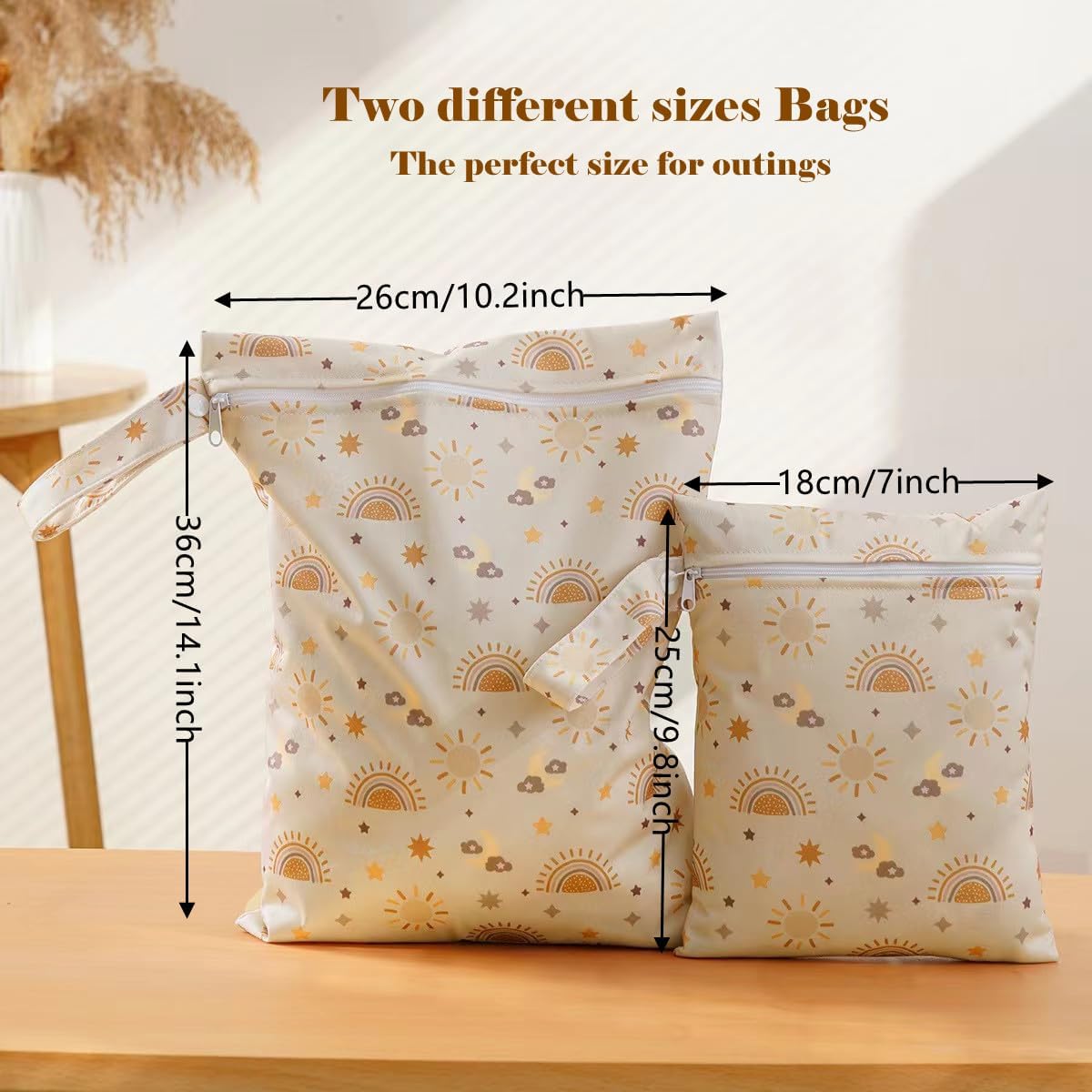 2 Sizes Wet Bags, Waterproof Storage Bag for Baby Diapers and Pump Parts, Reusable Diaper Bag with Zippered Pockets and Handle, Travel Bags, Beach, Pool, Gym Bag for Swimsuits & Wet Clothes, Set of 2
