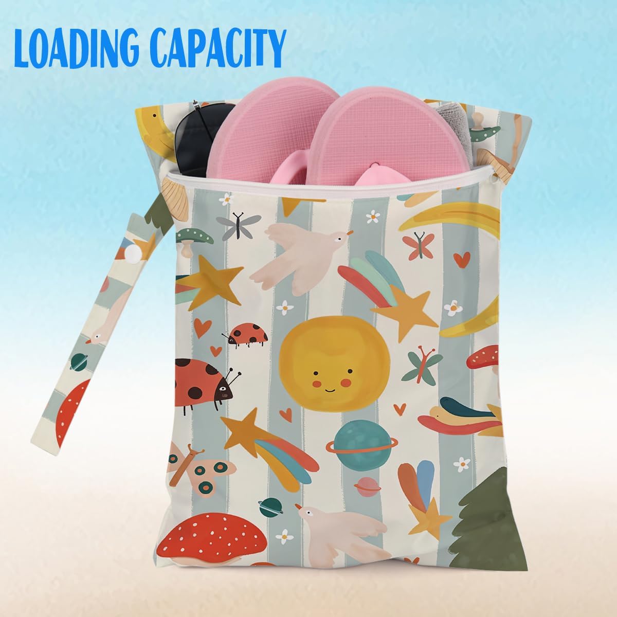 Wet Bag for Baby Swimsuit Dirty Clothes Diaper Yoga Gym, Wet Dry Bag, Beach Vacation Essential for Baby Travel Poor Swiming Bathing Toddler Items (Sun and Star)