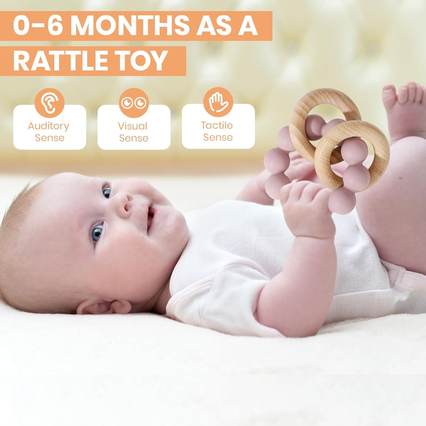 Socub Baby Teething Toys for 0-6 6-12 Months- BPA-Free Food-Grade Silicone & Natural Beech Wood Teether Ring for Newborn Infants Teething Relief- Easy-Grip Sensory Rattle Toys(Dusty Lilac)