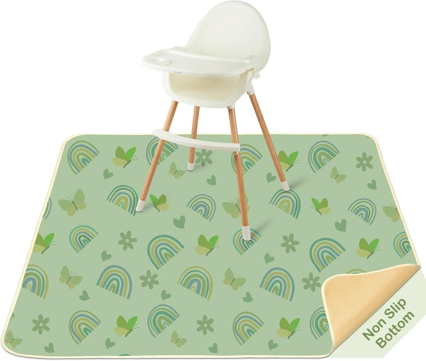 Splat Mat for Under High Chair 42 x 42 Inch Waterproof Baby Splash Mat with Non Slip Bottom Reusable Portable Highchair Mat for Floor Food Catcher for High Chair, Green Rainbow