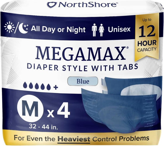 NorthShore MegaMax Adult Overnight Diapers, 12-Hour Tab-Style, Medium, 4 Count Starter Pack, Blue, 32-44 inches, Unisex Incontinence Underwear