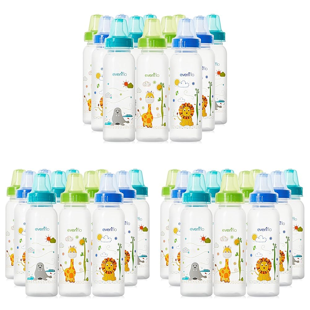 Evenflo Feeding Classic Prints Polypropylene Bottles for Baby, Infant and Newborn - Blue/Green/Teal, 8 Ounce (Pack of 36)
